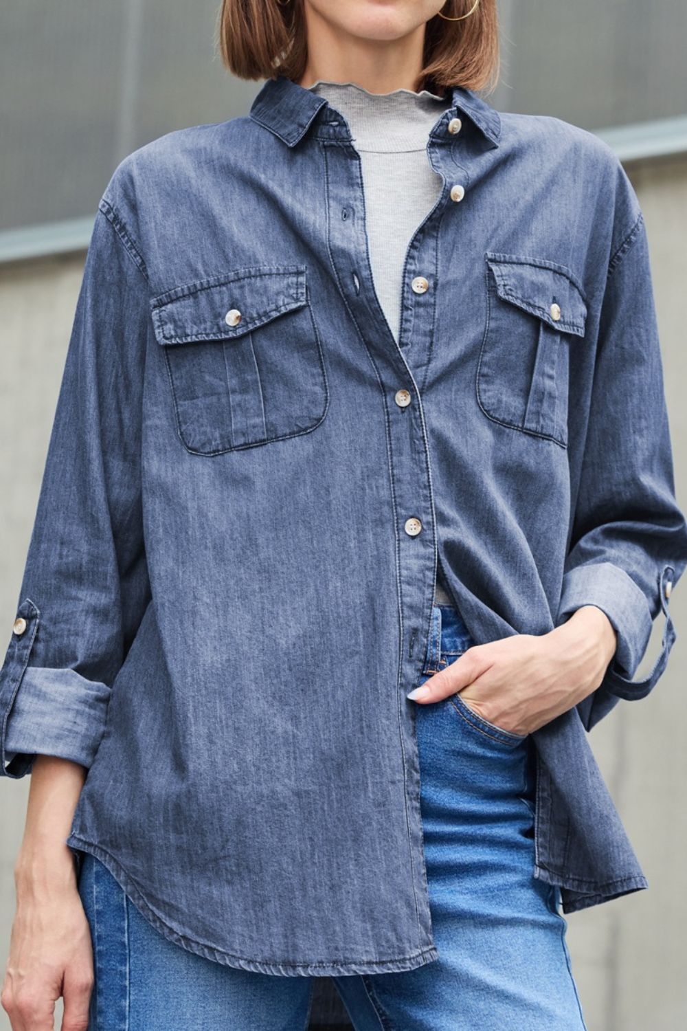 Pocketed Collared Neck Long Sleeve Denim Top Navy OutfitFlow