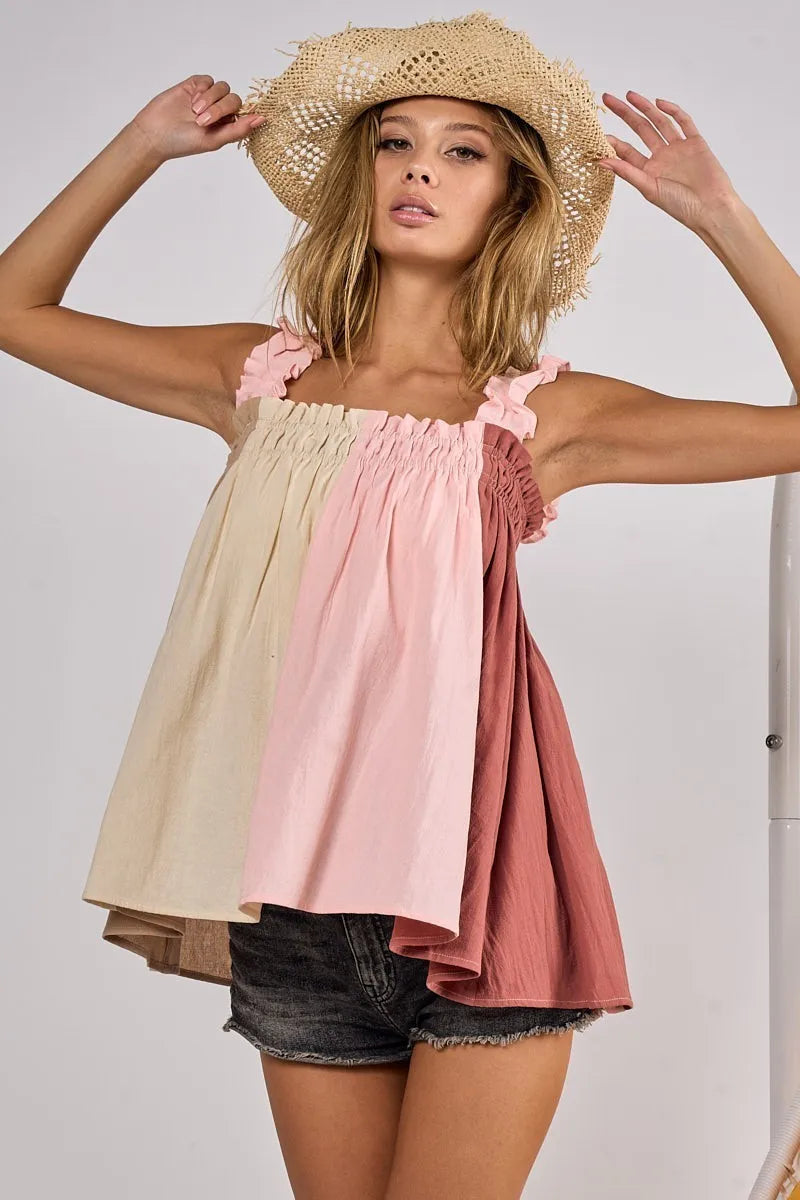BiBi Frill Shoulder Strap Color Block Bodice Top OutfitFlow