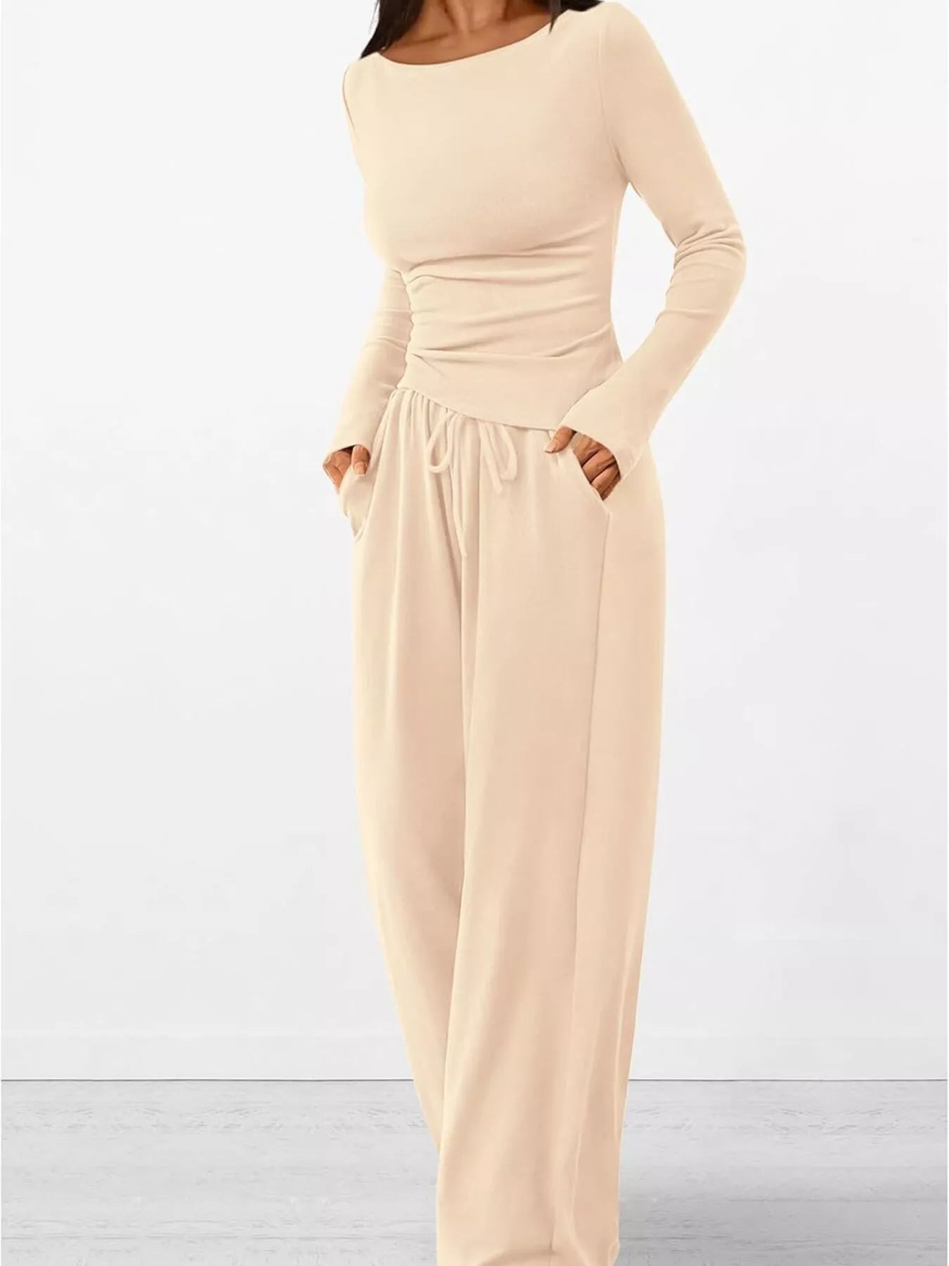 Long Sleeve Top and Wide Leg Pants Set OutfitFlow
