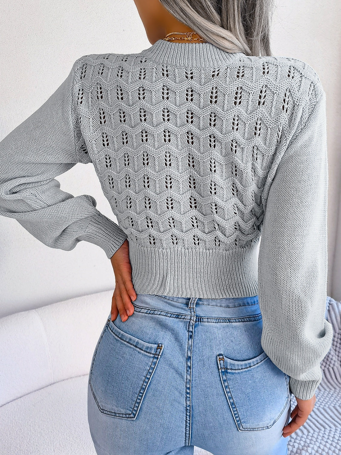 Outfit Flow - Openwork Mock Neck Long Sleeve Cropped Sweater