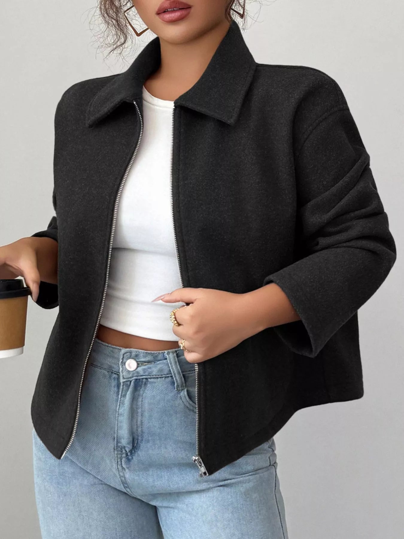 Casual Zip-Up Long Sleeve Jacket Black Trendsi