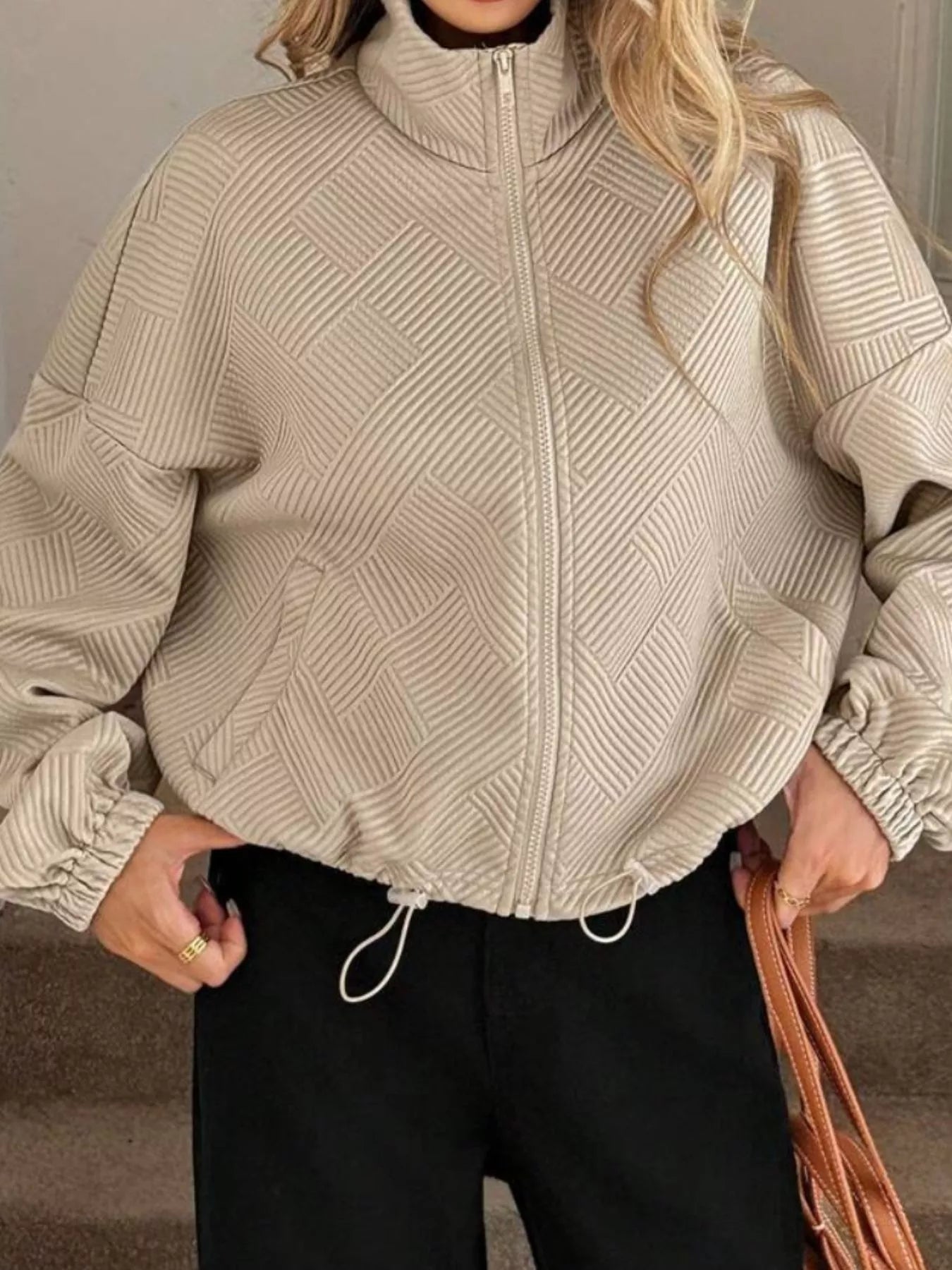 Textured Zip-Up Drawstring Hem Jacket Trendsi