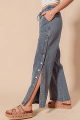 SO ME Mid Rise Drawstring Jeans with Side Snap Button OutfitFlow
