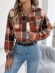 Plaid Button Up Cropped Jacket Orange Trendsi