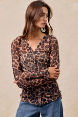 BiBi Leopard Printed Mesh Shirt With Button Up V Neck OutfitFlow