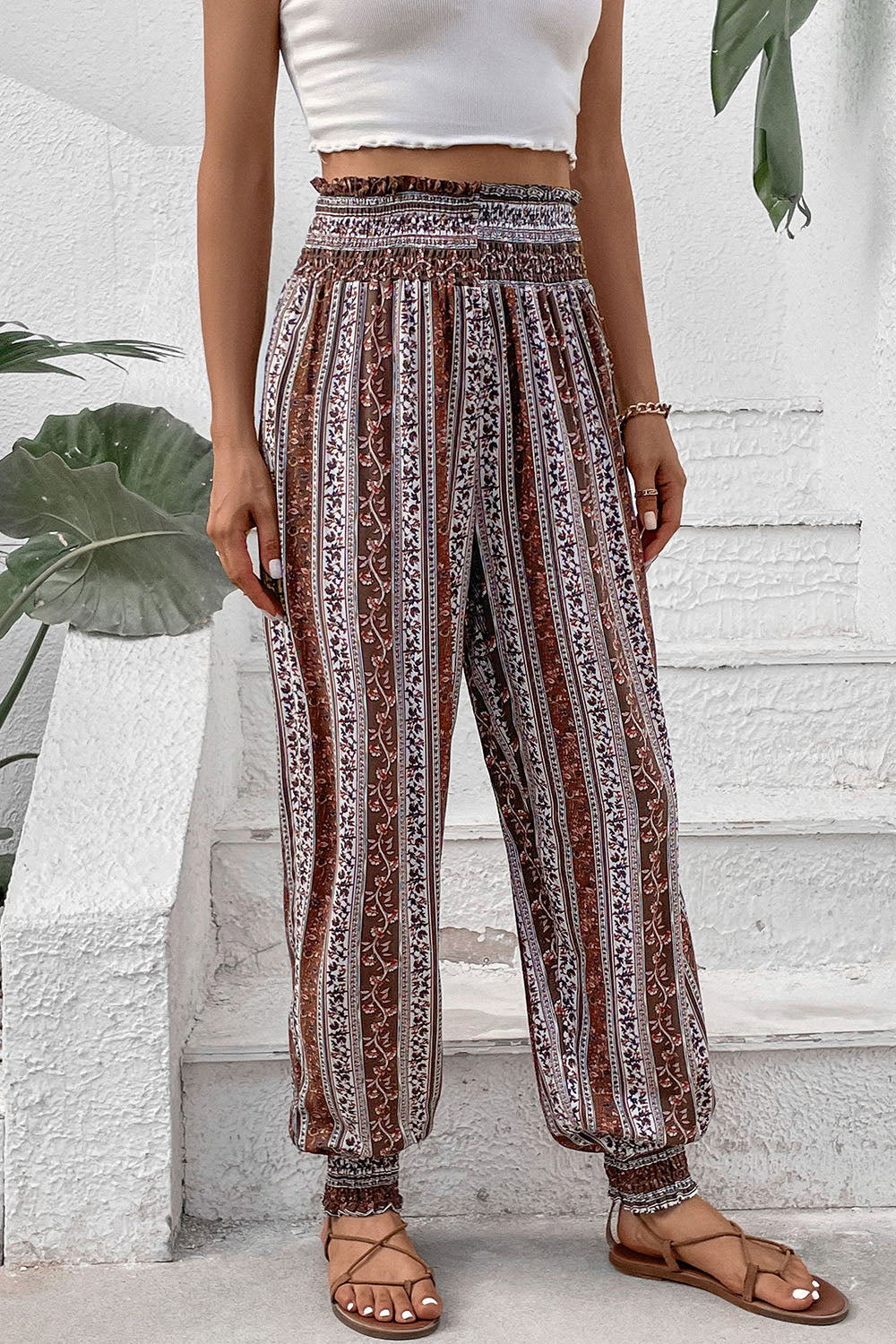 Outfit Flow - Perfee Smocked Printed High Waist Pants