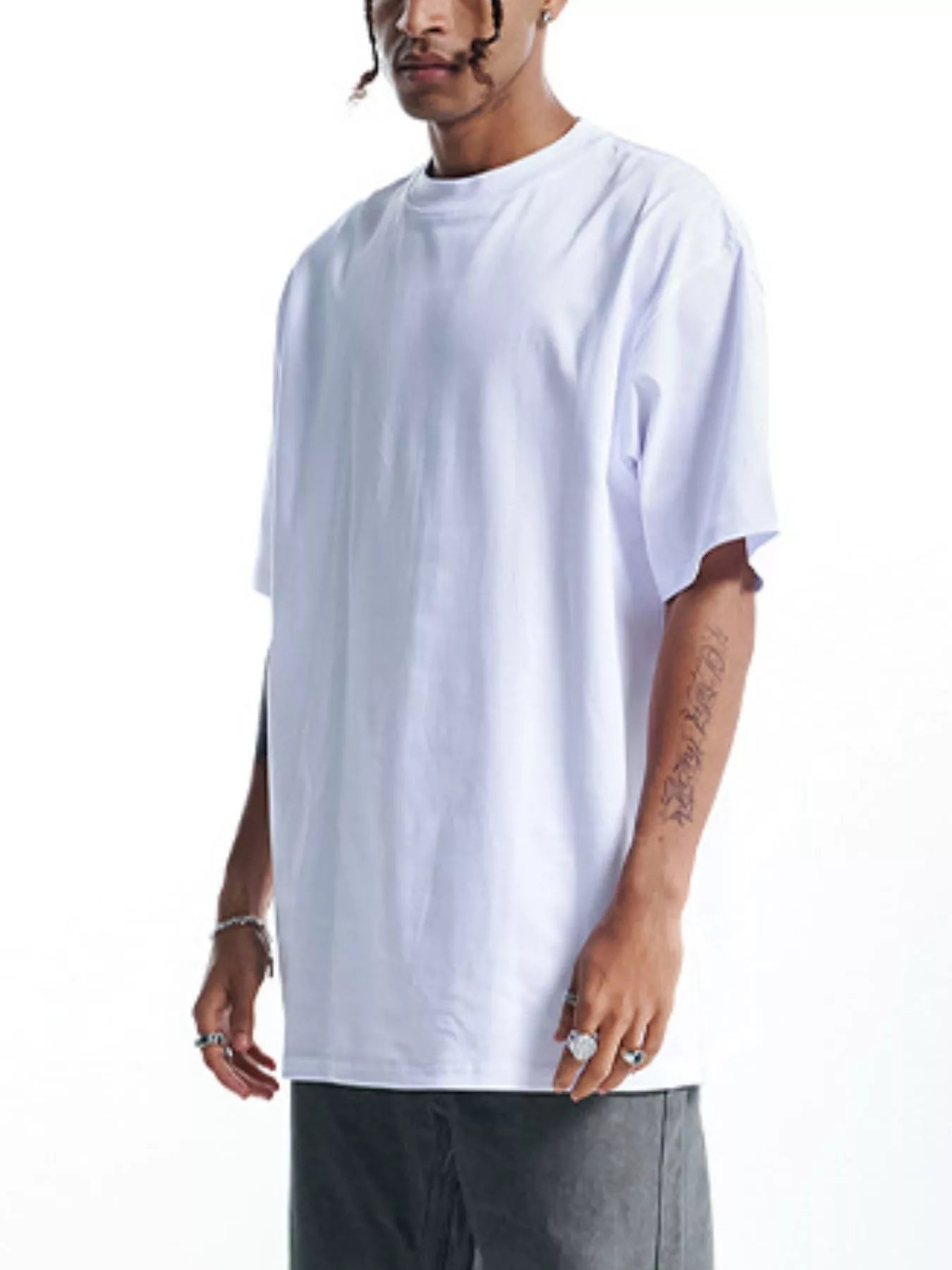 Men's Round Neck Oversized Cotton T-Shirt White OutfitFlow
