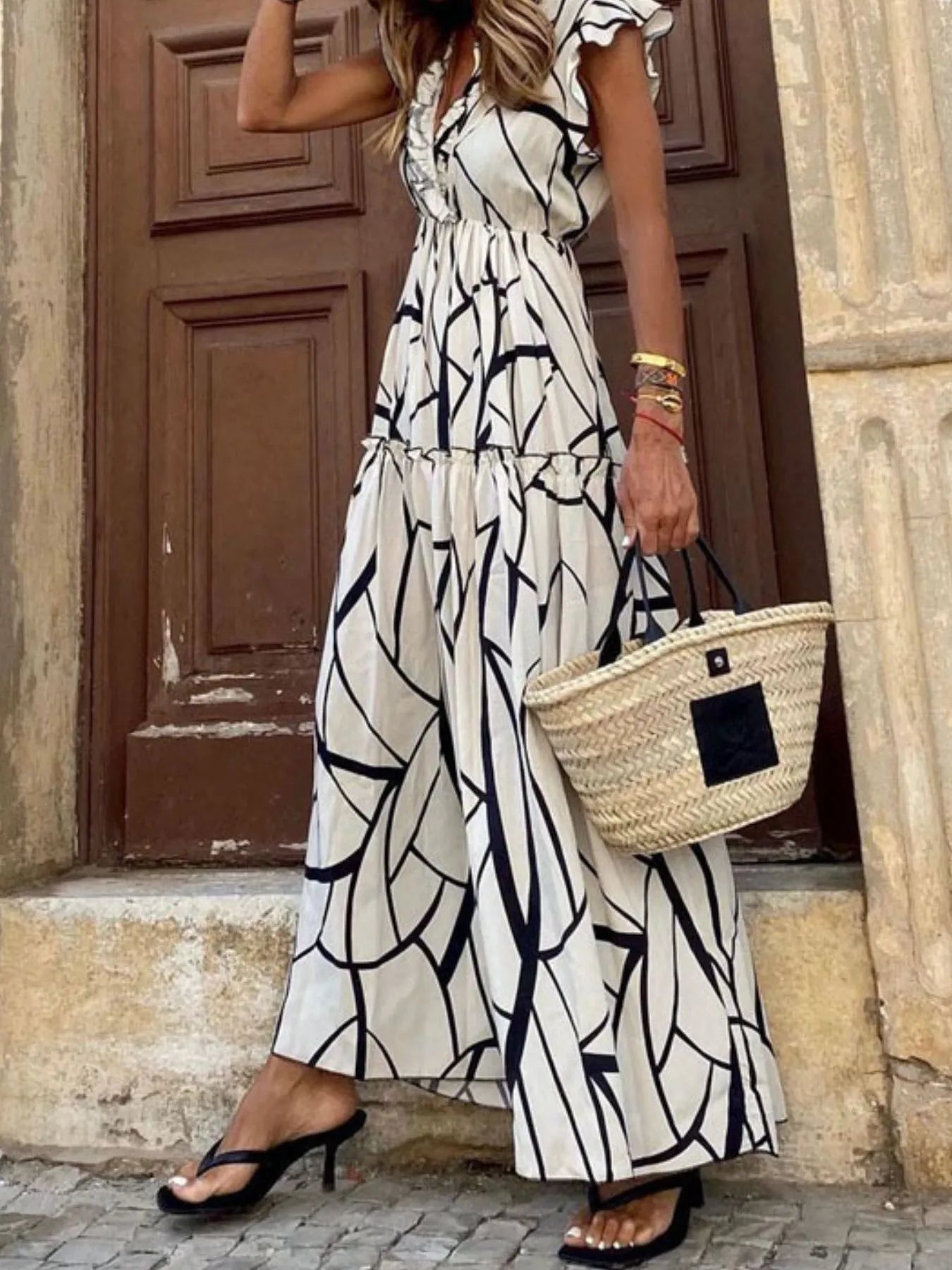 Abstract Print Ruffle Sleeve V-Neck Midi Dress OutfitFlow