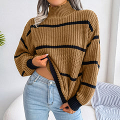 Striped Mock Neck Dropped Shoulder Sweater