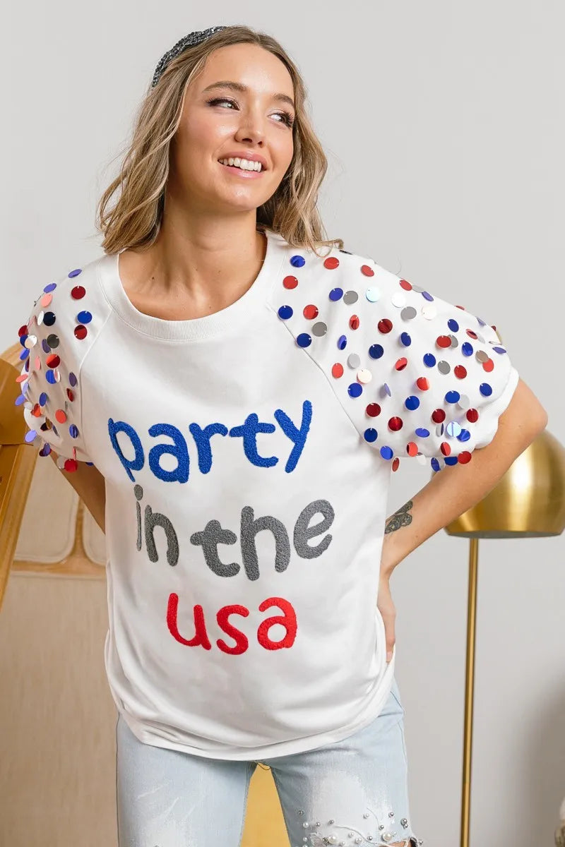 BiBi Party In The Usa Spangle Puff Sleeves Top OutfitFlow