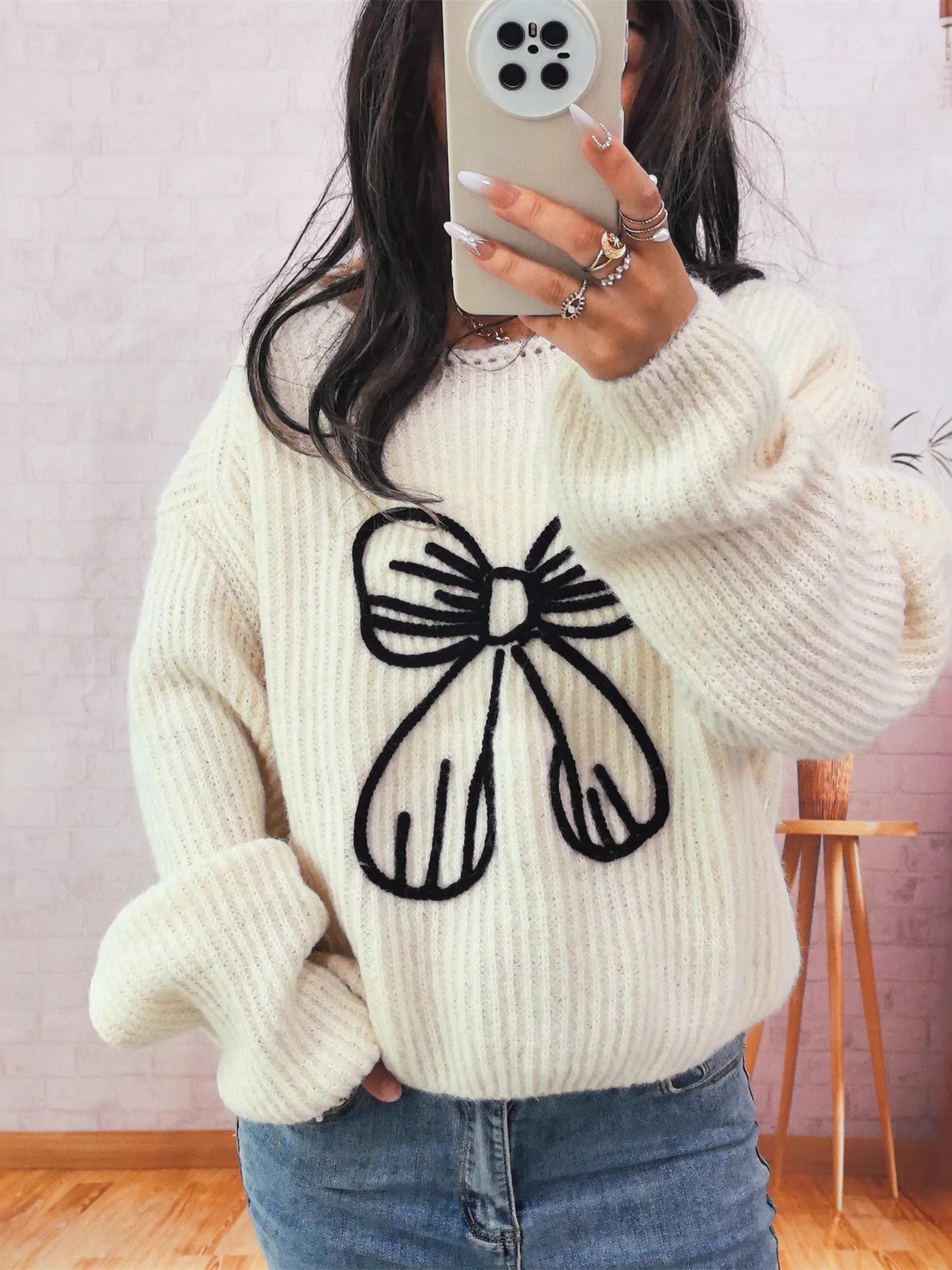 Bow Round Neck Long Sleeve Sweater Beige One Size OutfitFlow