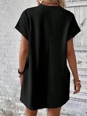 Pocketed Round Neck Short Sleeve Dress OutfitFlow