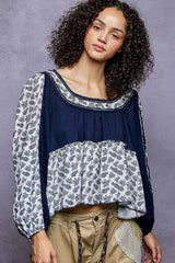 POL Paisley Scoop Neck Balloon Sleeve Cropped Blouse with Stud Detail OutfitFlow