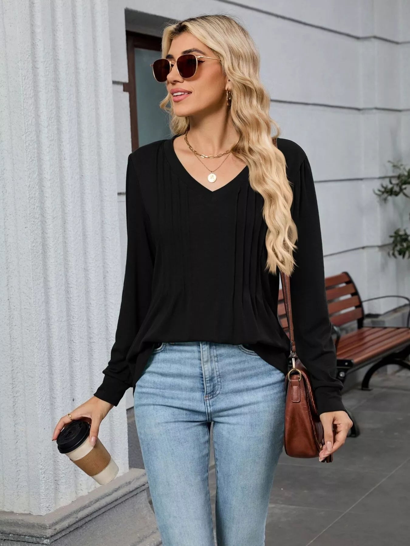V-Neck Long Sleeve Relaxed Fit T-Shirt Black OutfitFlow