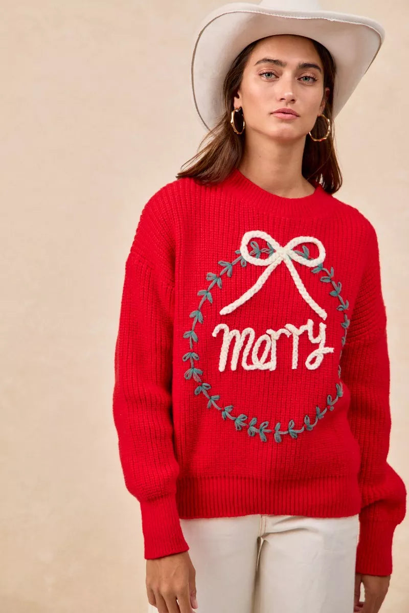 BiBi Christmas Wreath Merry Letter Knit Top OutfitFlow