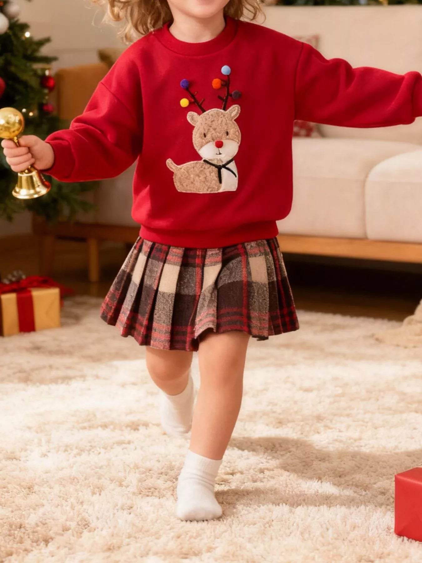 Children's Christmas Reindeer Sweatshirt & Plaid Skirt Set Red OutfitFlow