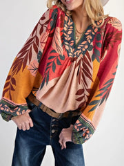 Tropical Print Balloon Sleeve Blouse OutfitFlow
