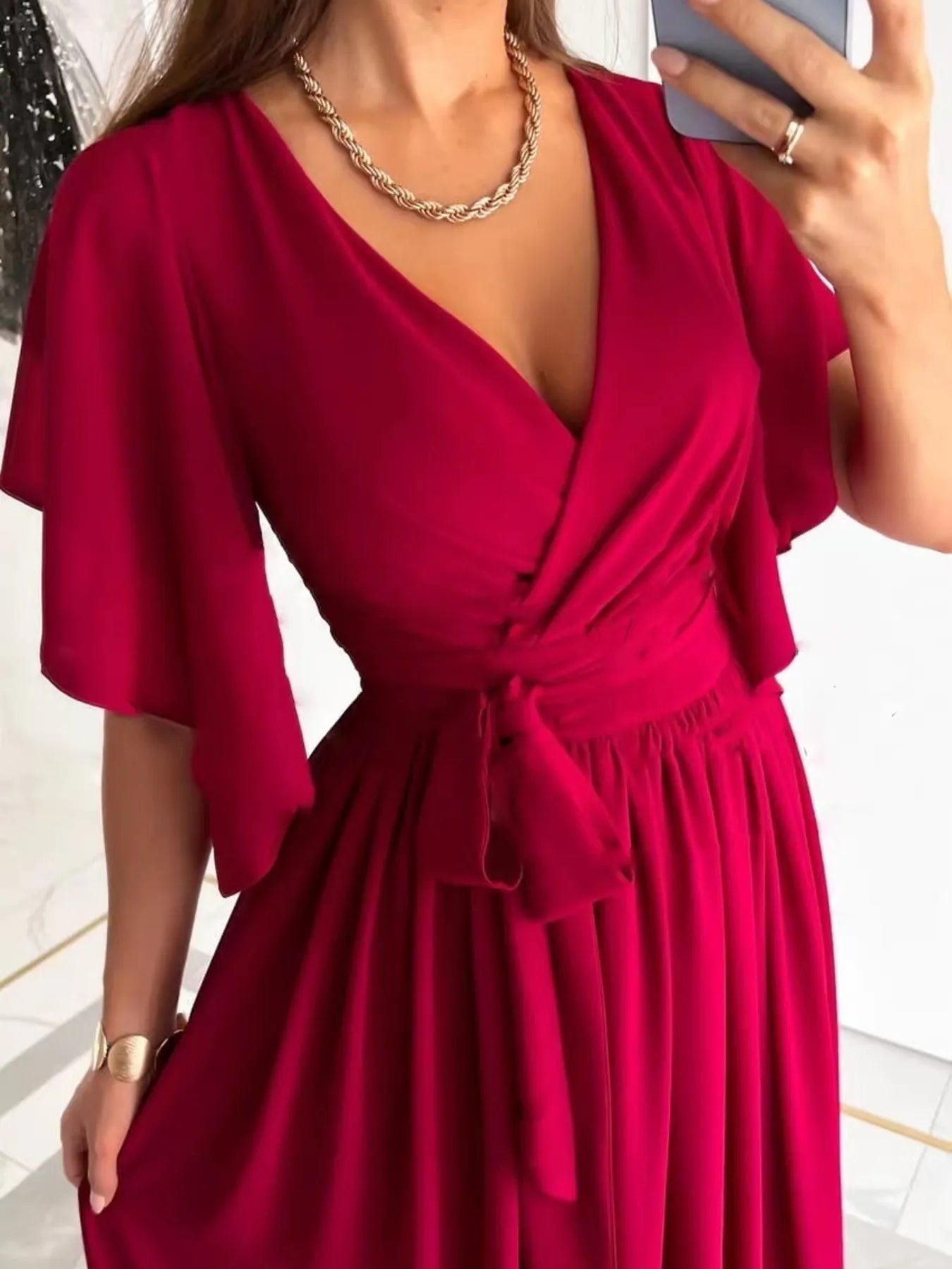 Flutter Sleeve Surplice Tie Waist Dress OutfitFlow