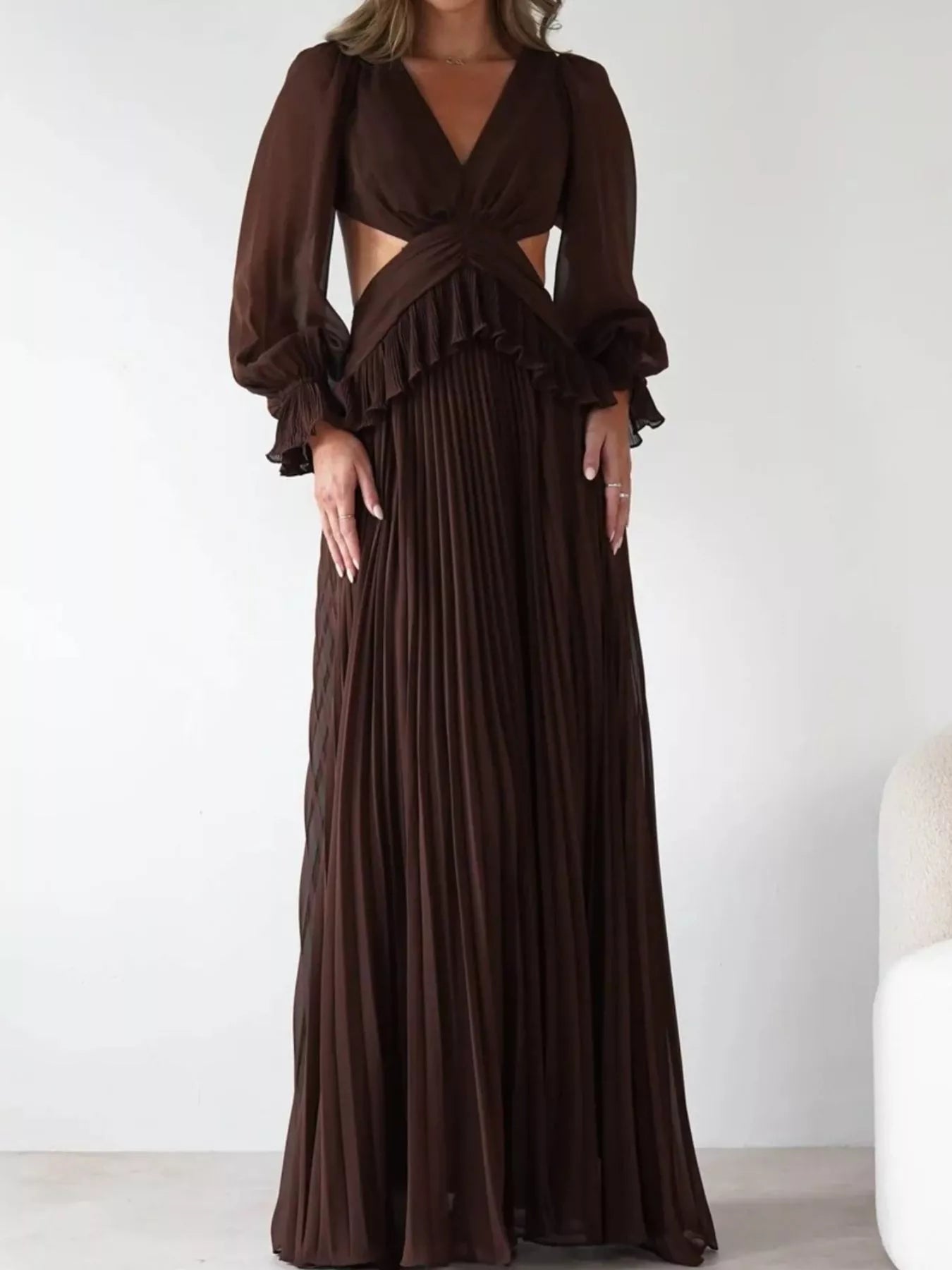 Backless Pleated Long Sleeve Maxi Dress OutfitFlow