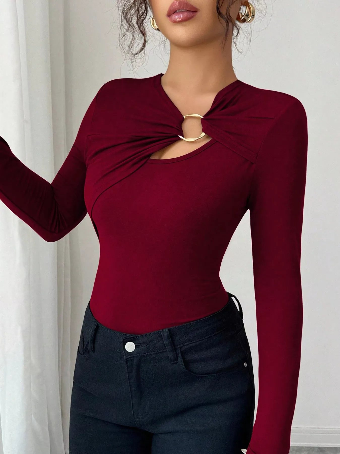 Twist Front Ring Detail Long Sleeve T-Shirt OutfitFlow