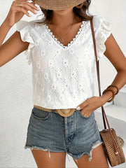 Ruffled Eyelet V-Neck Cap Sleeve Blouse OutfitFlow