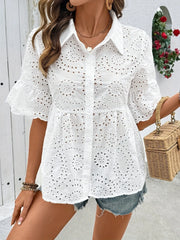 Eyelet Button Down Half Sleeve Shirt OutfitFlow