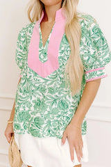 Printed Puff Sleeve Blouse Gum Leaf OutfitFlow