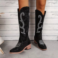 Embroidered Round Toe Block Heels Boots Black OutfitFlow