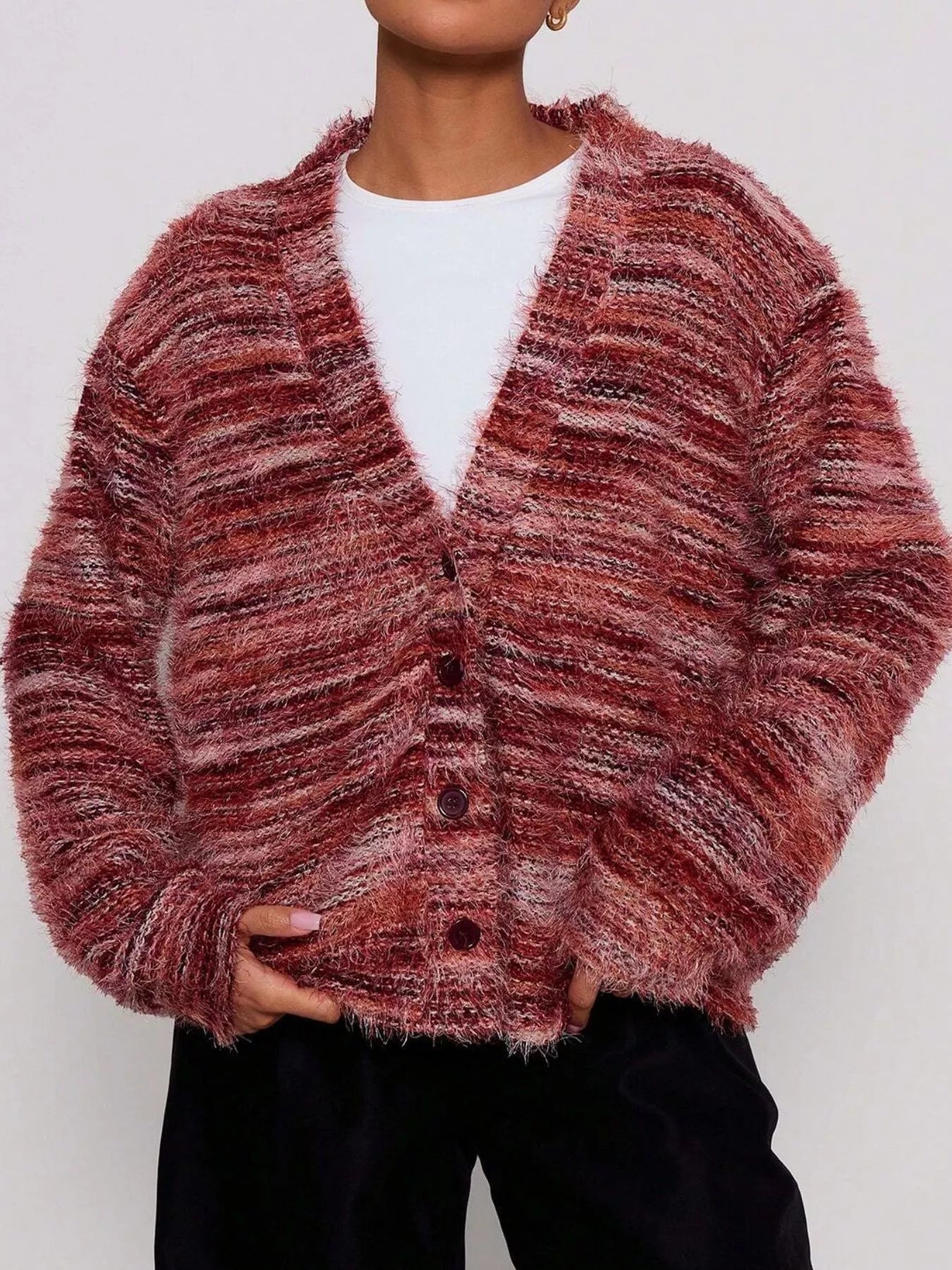 Chunky Knit V-Neck Button-Up Cardigan Deep Red OutfitFlow