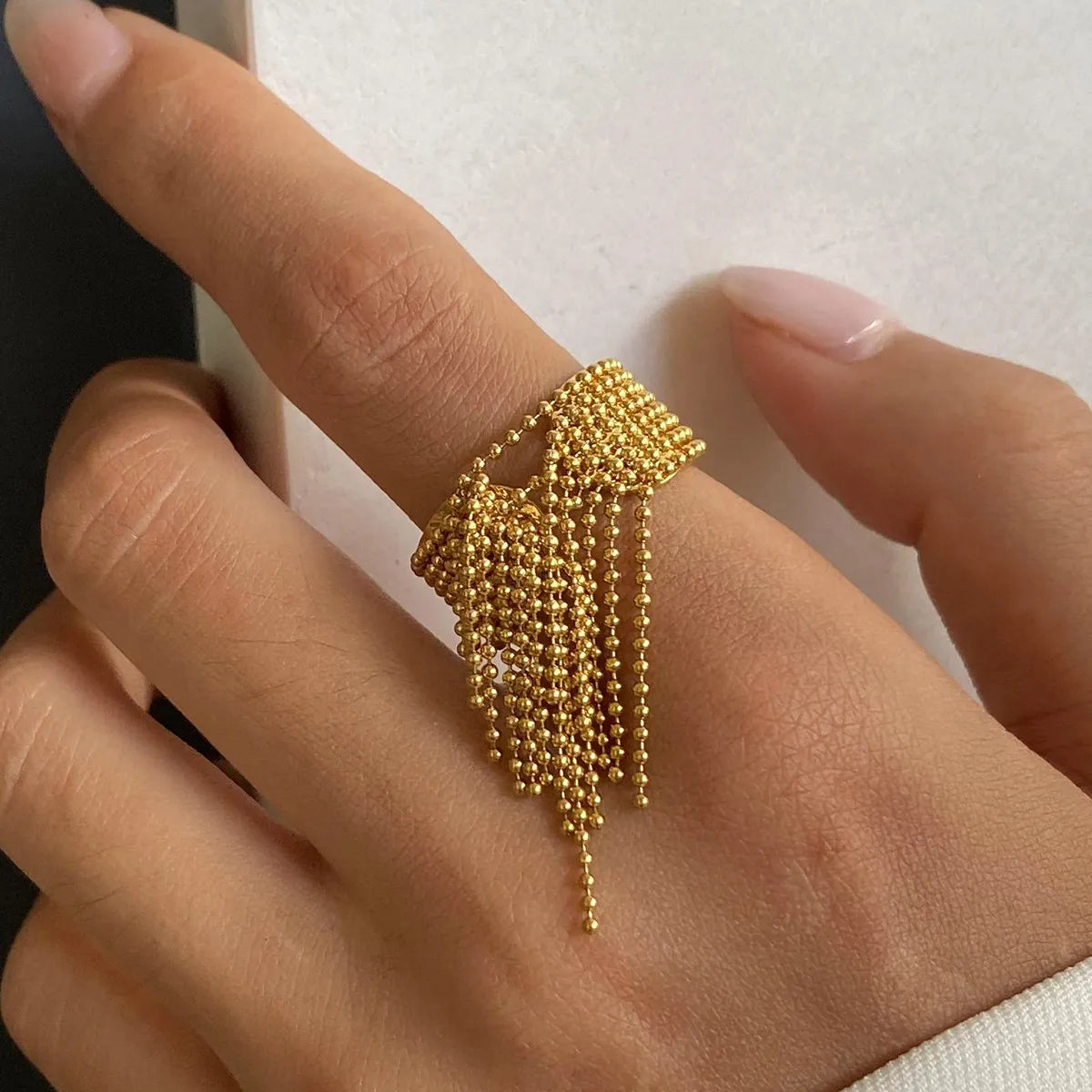 2-Piece Stainless Steel Tassel Chain Ring Gold One Size OutfitFlow