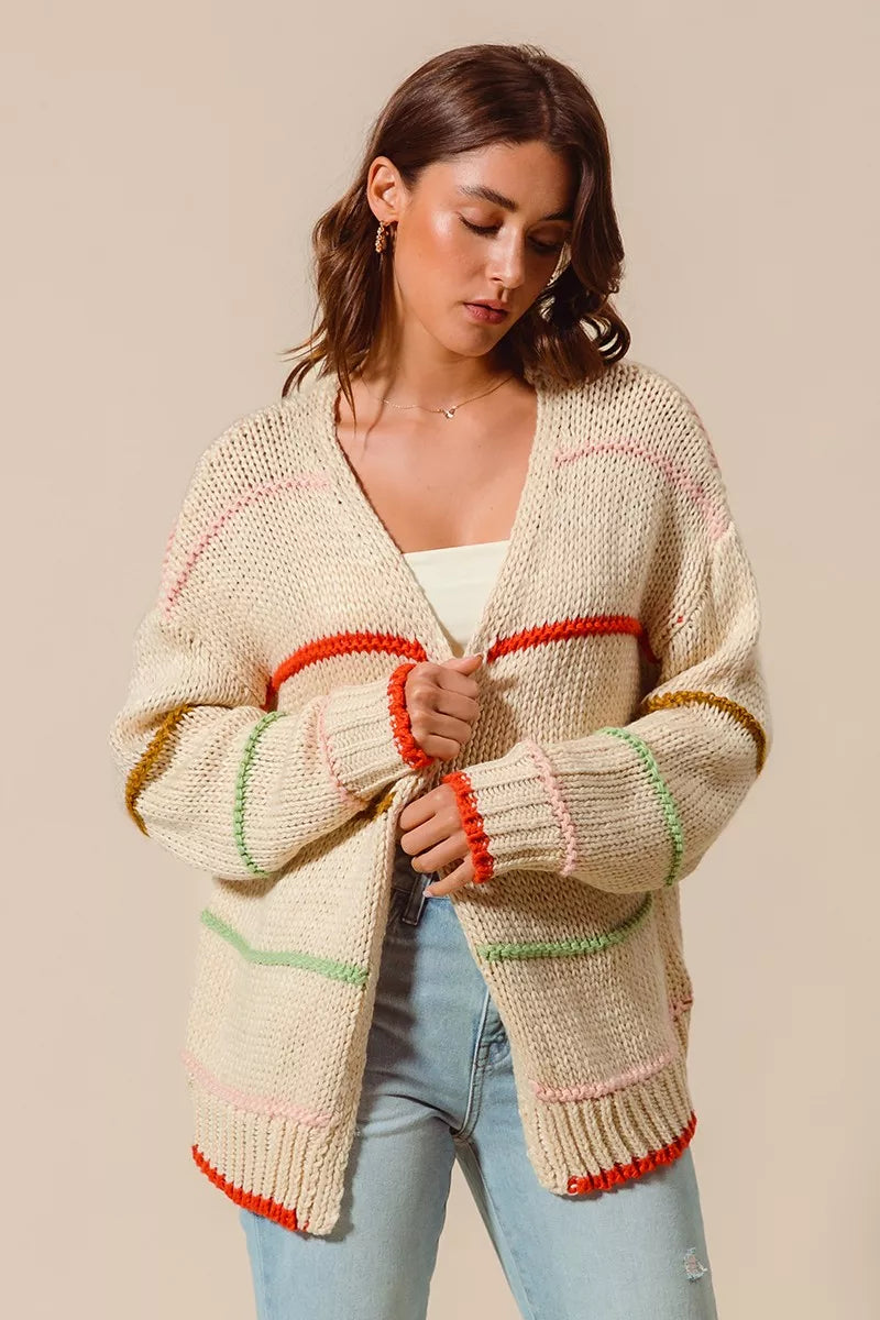 SO ME Loose Fit Multi Stripe Open Front Cardigan Trendsi