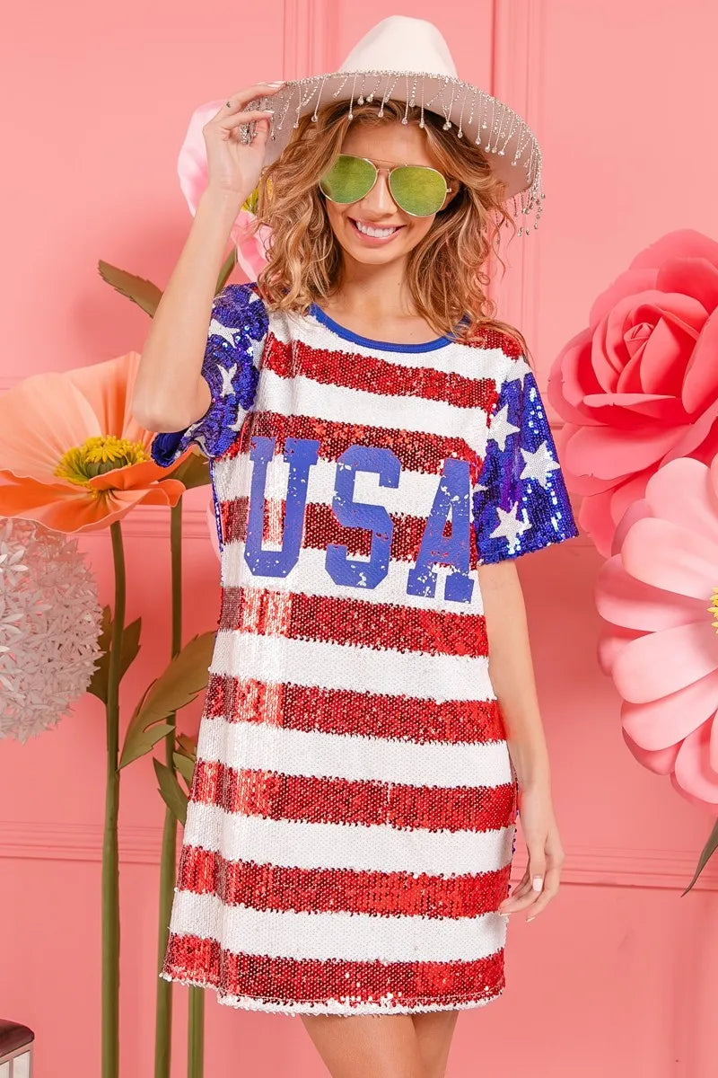 BiBi American Flag Theme Usa Print Sequin Dress OutfitFlow