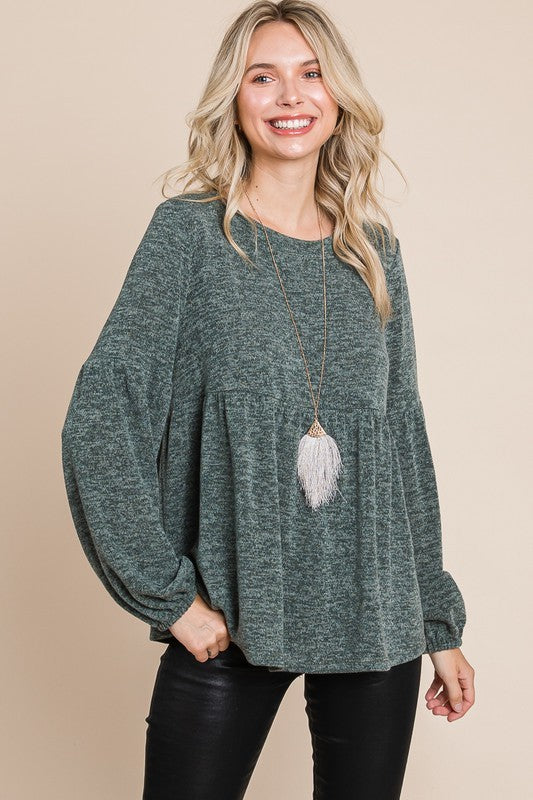 Outfit Flow - Super Lady Full Size Heathered Round Neck Babydoll Top