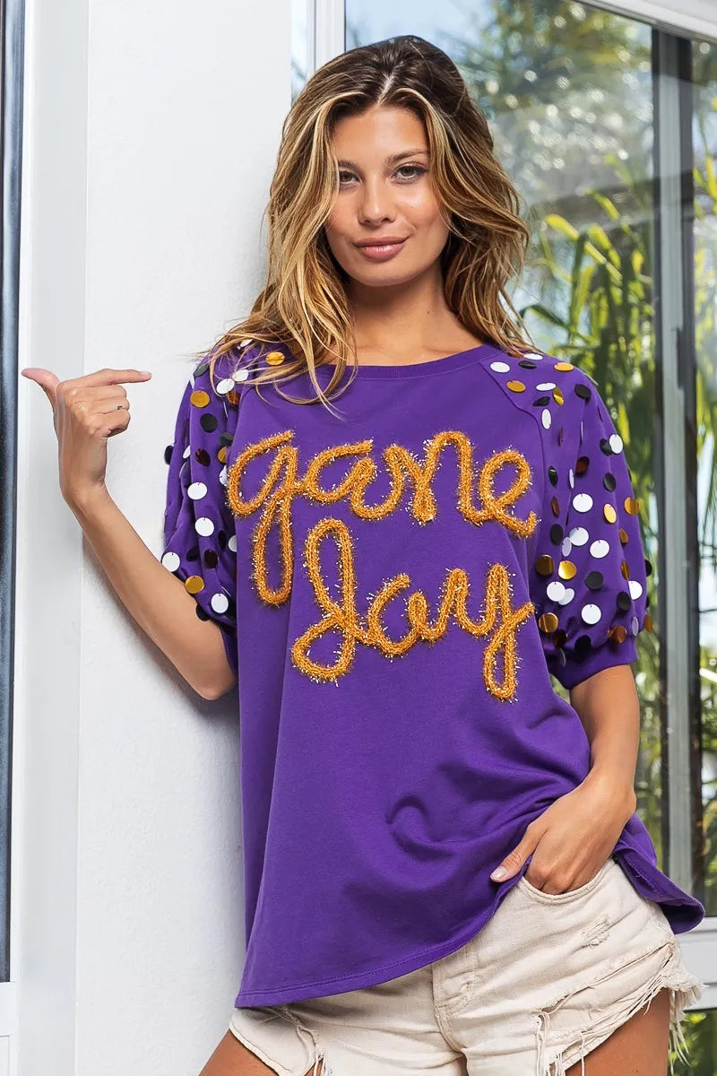 BiBi Game Day Metallic Letter Spangle Sleeve Top OutfitFlow