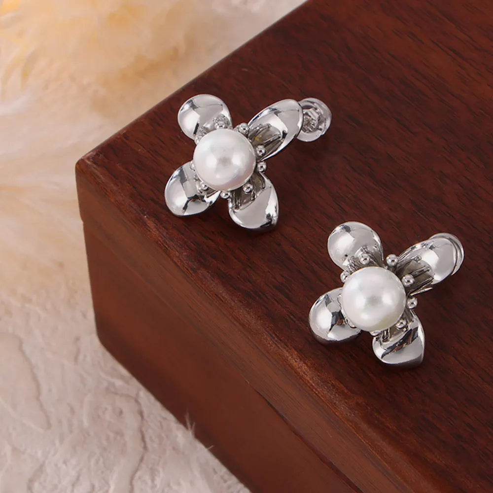 Synthetic Pearl Titanium Steel Flower Earrings OutfitFlow