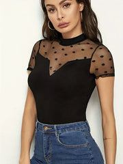 Mesh Polka Dot Mock Neck Top OutfitFlow