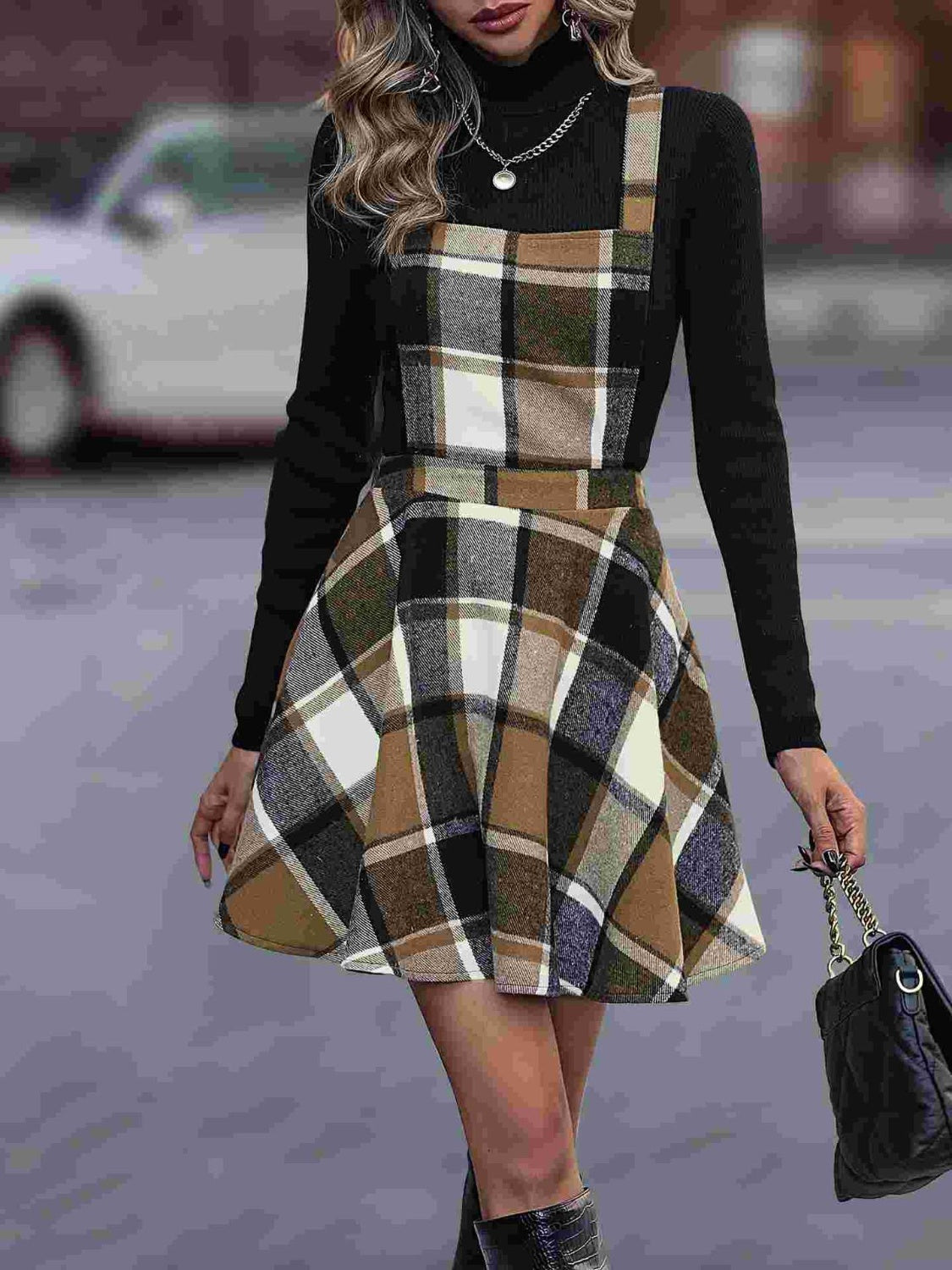 Outfit Flow - Crisscross Plaid Wide Strap Overall Dress