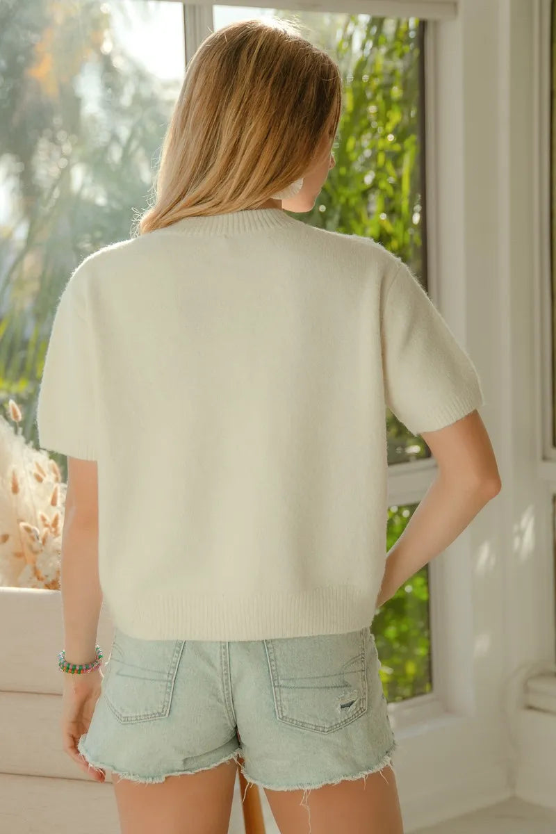 BiBi Teddy Bear With Bow Patched Sweater Button Down Top OutfitFlow