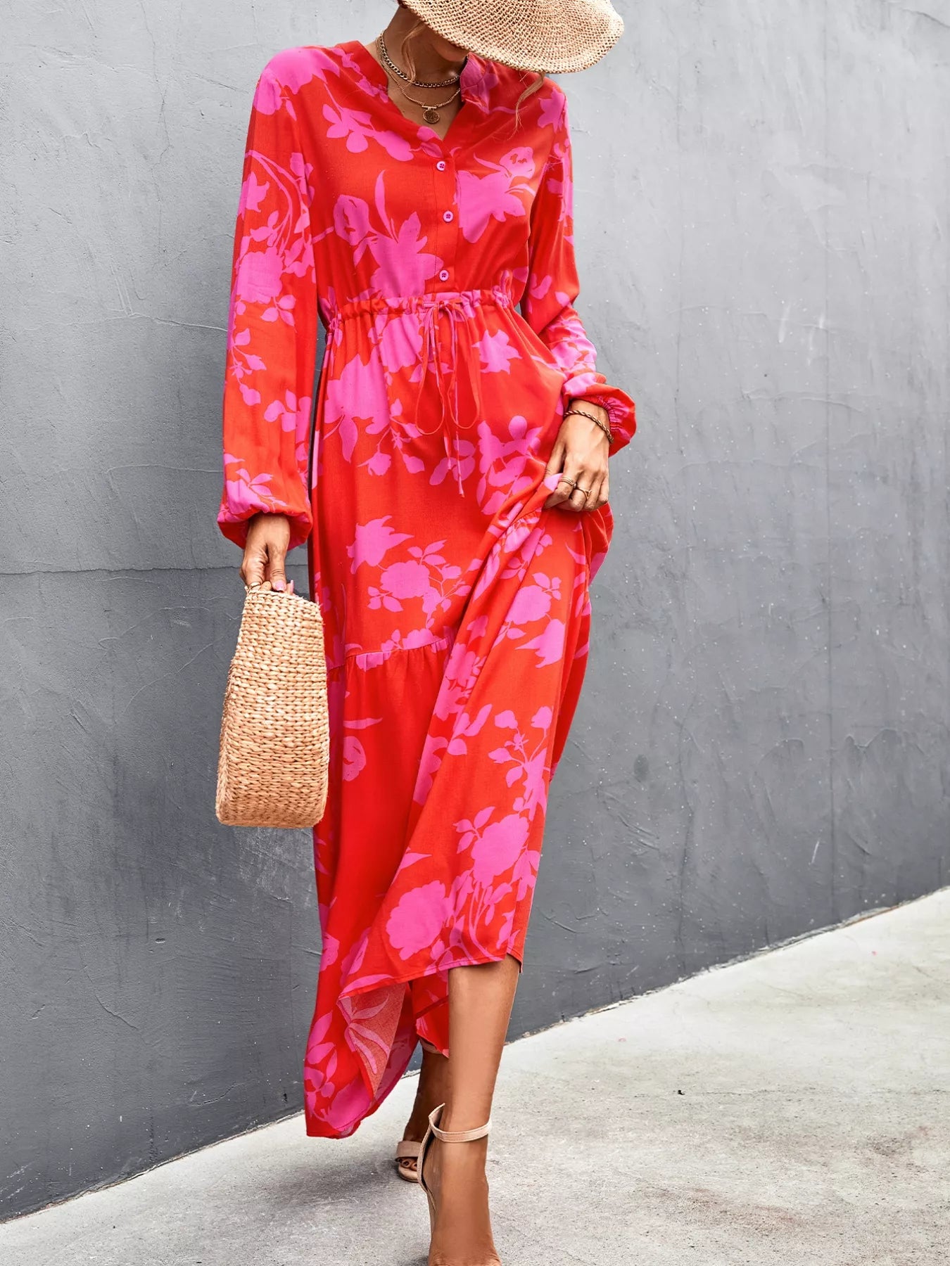 Floral Drawstring Waist Long Sleeve Maxi Dress OutfitFlow