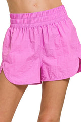 Zenana Windbreaker Smocked Waistband Running Shorts BRIGHT MAUVE OutfitFlow