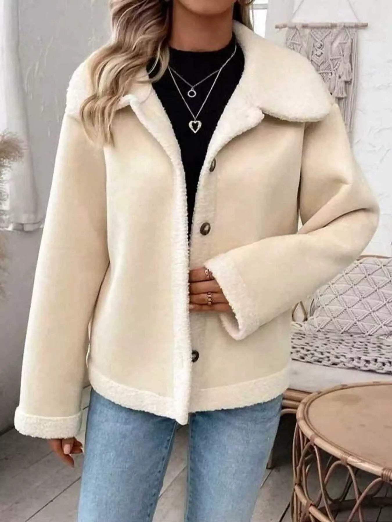 Plus Size Fleece Button-Down Outerwear Apricot OutfitFlow