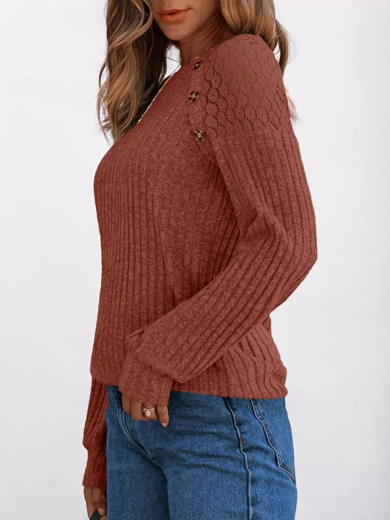 Ribbed Knit T-Shirt with Lace Shoulder Detail OutfitFlow