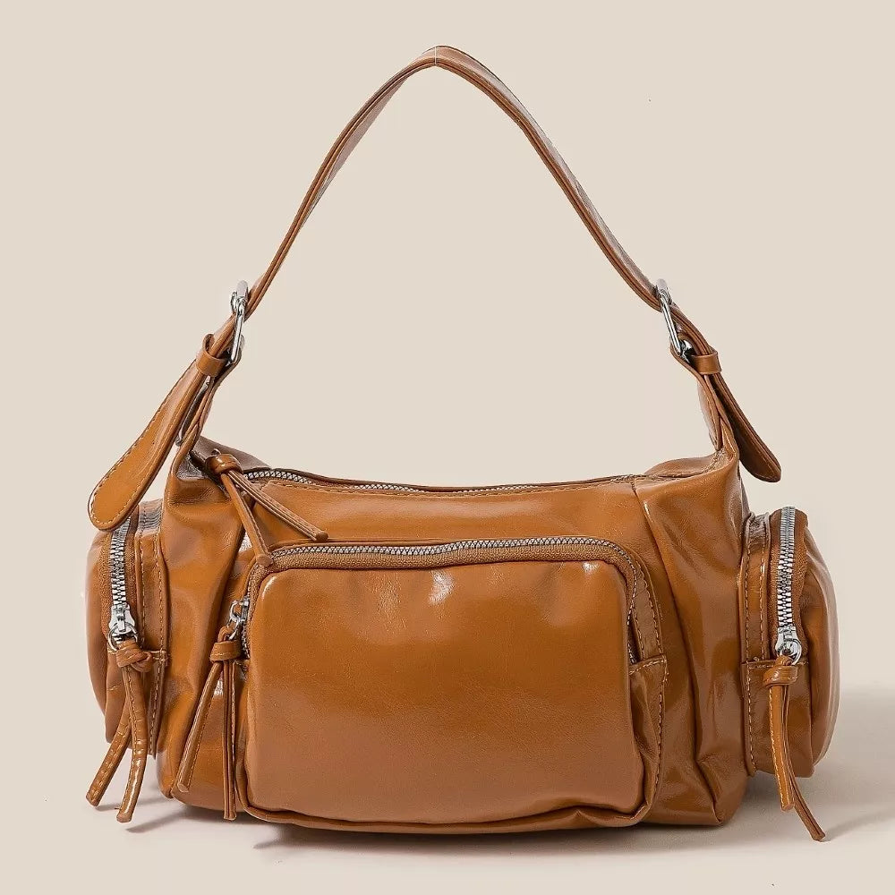 Fame Glossy Faux Leather Multi Pocket Hand Bag OutfitFlow