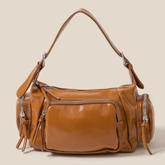 Fame Glossy Faux Leather Multi Pocket Hand Bag OutfitFlow