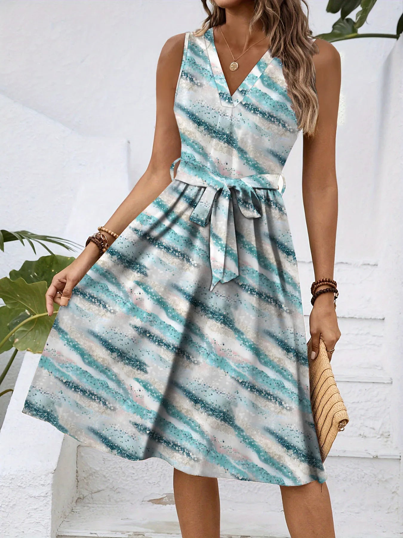V-Neck Sleeveless Tie Waist Dress OutfitFlow