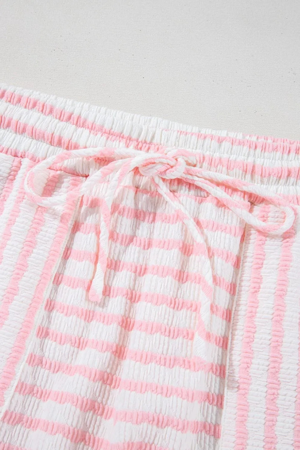 Stripe Knitted Short Sleeve Top and Drawstring Shorts Set OutfitFlow