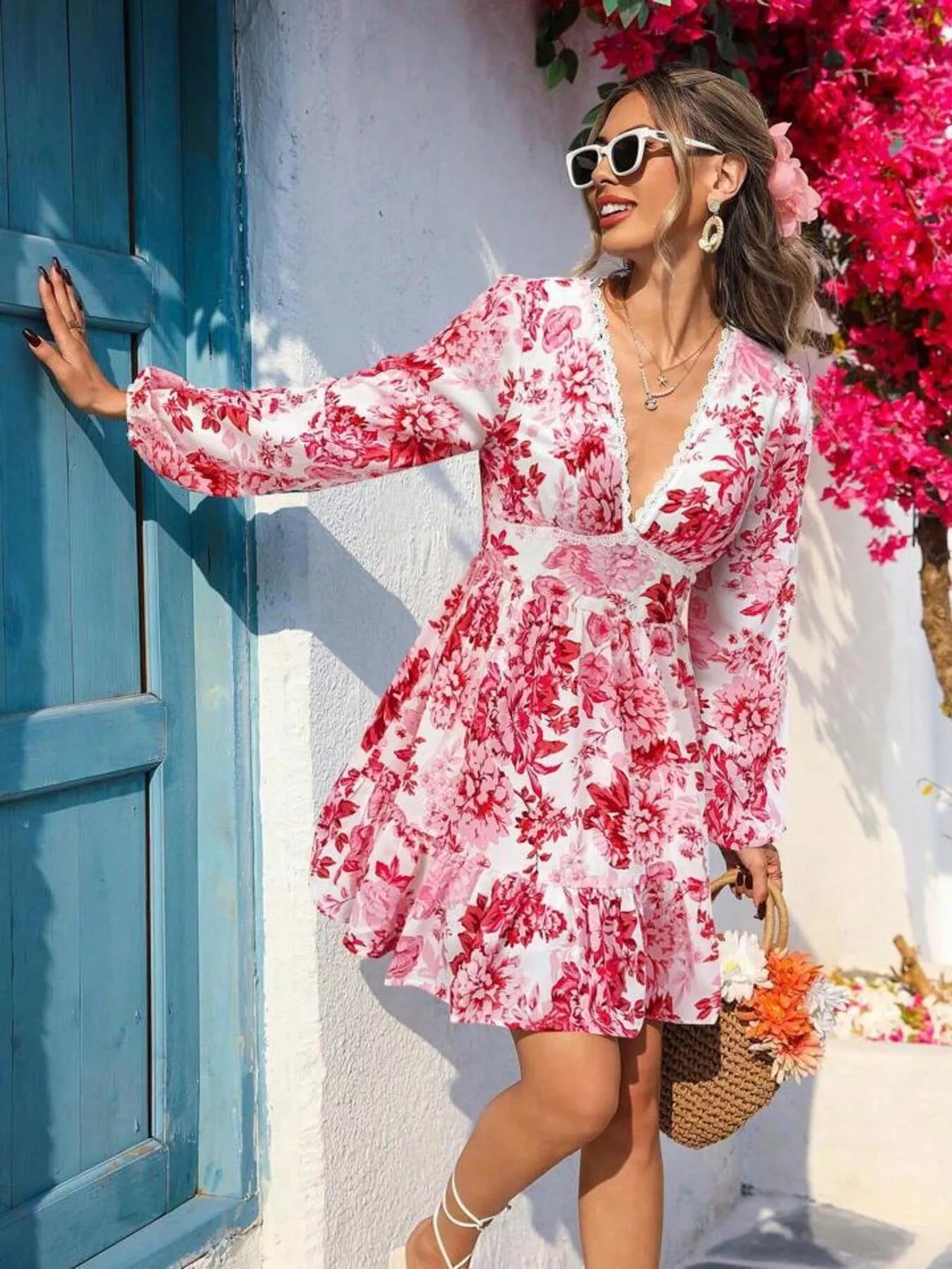 Full Size Floral Print V-Neck Long Sleeve Ruffle Hem Mini Dress Plus Size Trendsi