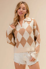 BiBi Diamond Pattern Collared Notch Neck Sweater OutfitFlow