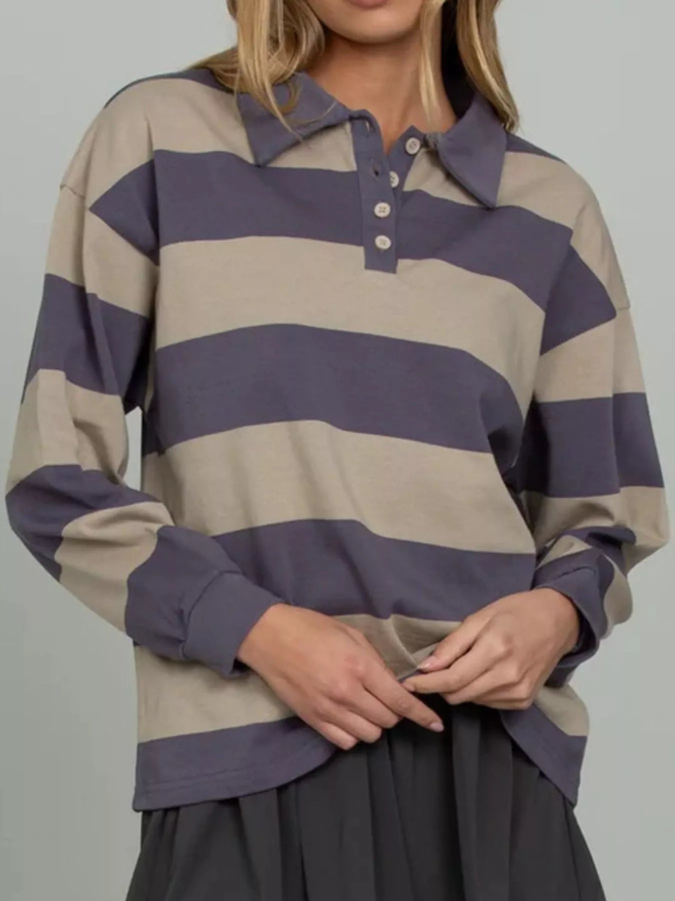 Striped Polo Collar Sweatshirt with Button Details OutfitFlow
