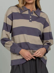 Striped Polo Collar Sweatshirt with Button Details OutfitFlow
